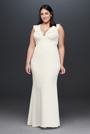 Plunging V Ruffle Strap Plus Size Crepe Gown