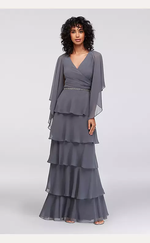 Long Tiered Chiffon Dress with Capelet Image 1