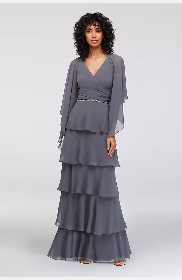 Long Tiered Chiffon Dress with Capelet Image