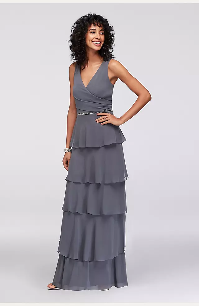 Long Tiered Chiffon Dress with Capelet Image 3