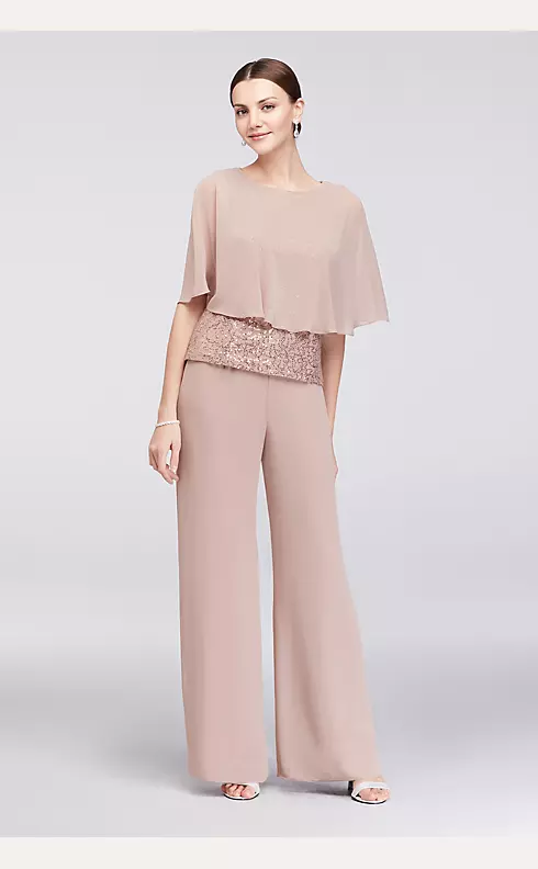 Three-Piece Lace and Chiffon Capelet Pantsuit  Image 1