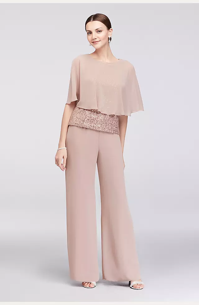 Three-Piece Lace and Chiffon Capelet Pantsuit  Image