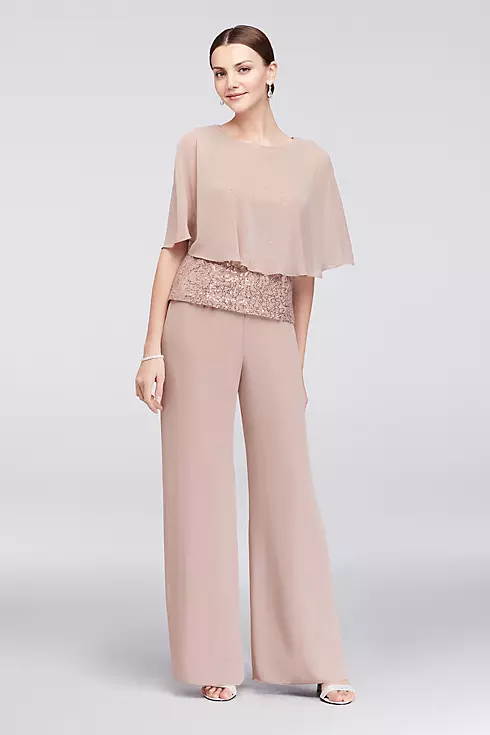 Three-Piece Lace and Chiffon Capelet Pantsuit  Image 1