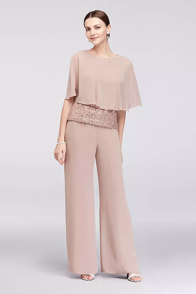 Three-Piece Lace and Chiffon Capelet Pantsuit  Image