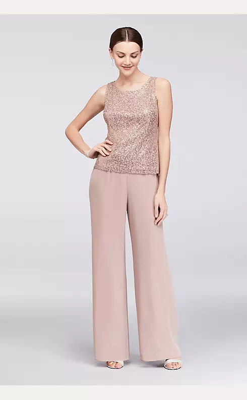 Three-Piece Lace and Chiffon Capelet Pantsuit  Image 3