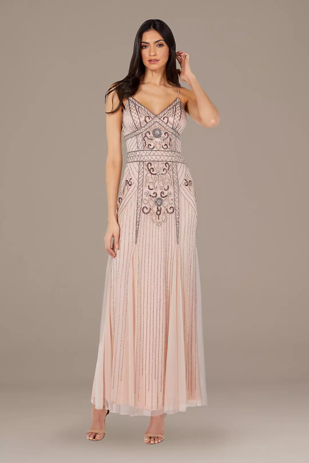 Bead-Embellished Mesh Overlay Spaghetti Strap Gown Image