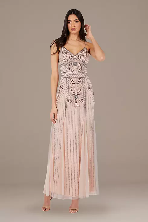 Bead-Embellished Mesh Overlay Spaghetti Strap Gown Image 1