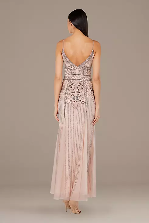 Bead-Embellished Mesh Overlay Spaghetti Strap Gown Image 3