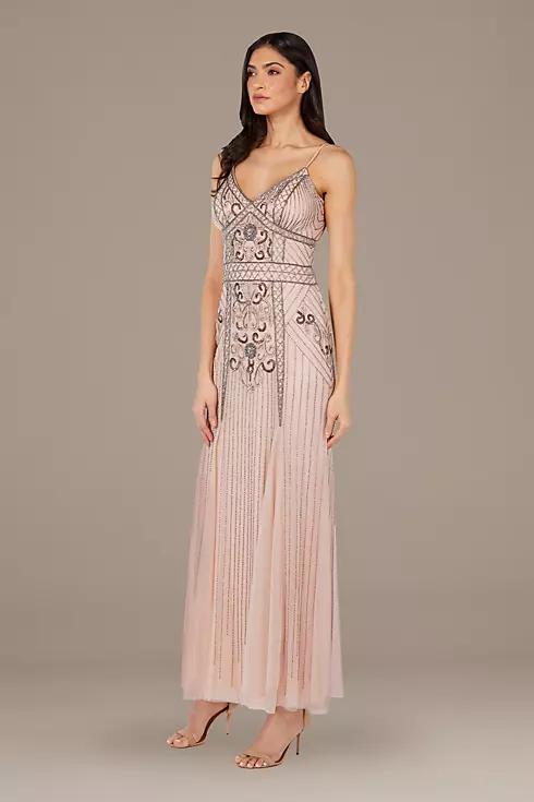Bead-Embellished Mesh Overlay Spaghetti Strap Gown Image 2