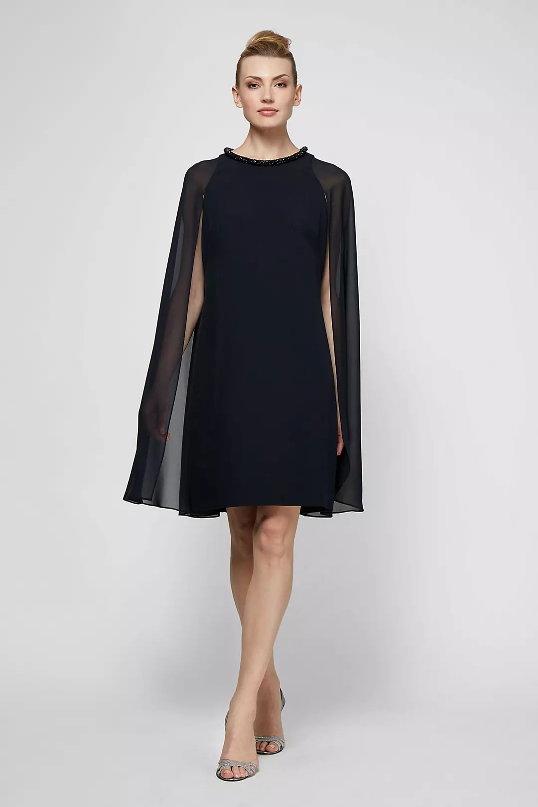 Beaded Short Sheath Dress with Attached Cape Image