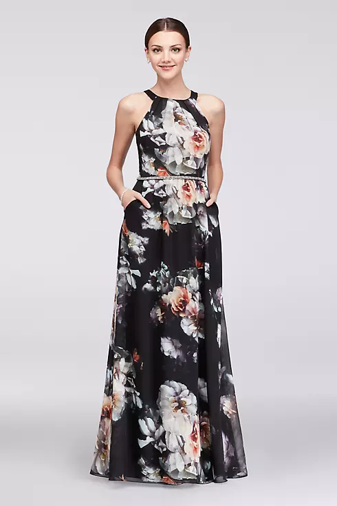 Printed Round-Neck Chiffon Gown with Beaded Waist Image 1