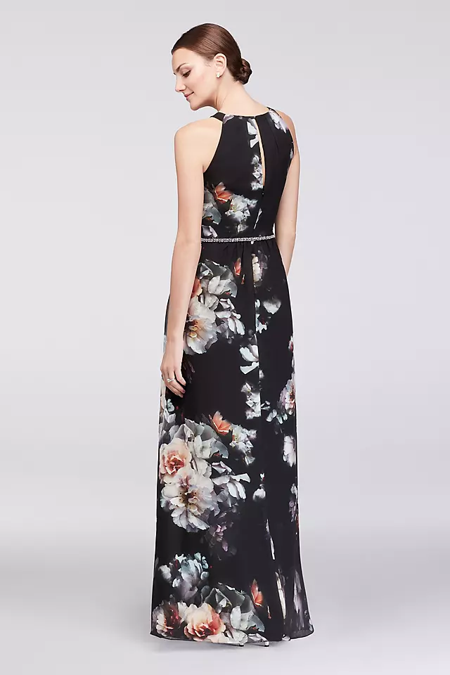 Printed Round-Neck Chiffon Gown with Beaded Waist Image 2