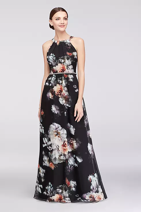 Printed Round-Neck Chiffon Gown with Beaded Waist Image 3