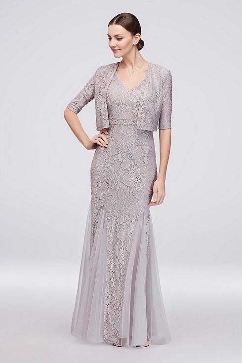 V-Neck Lace Gown with Matching Bolero Image 1