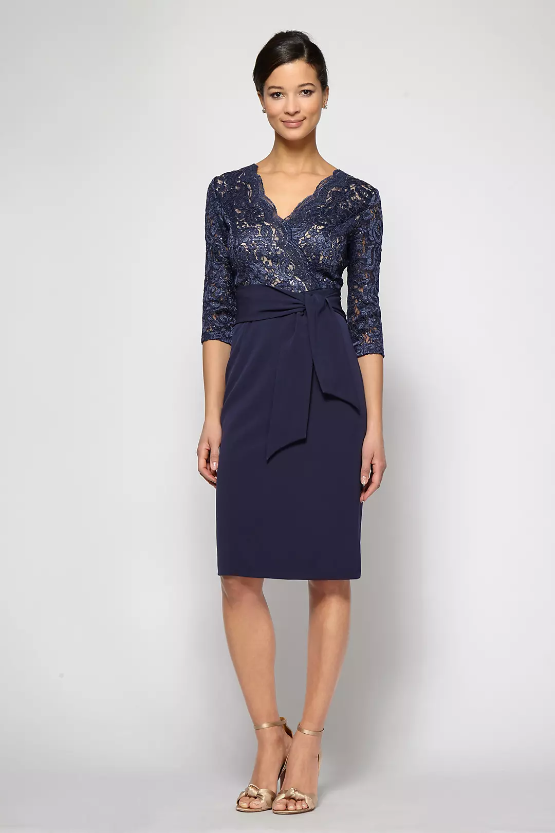 Short Scalloped Surplice 3/4 Sleeve Dress with Tie Image