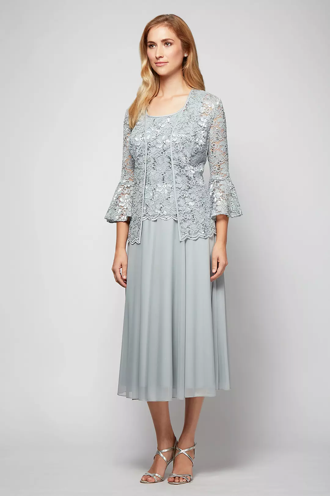 Bell-Sleeve Lace and Mesh Tea-Length Jacket Dress Image
