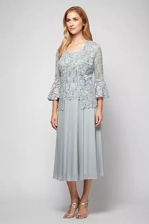 Bell-Sleeve Lace and Mesh Tea-Length Jacket Dress Image 1