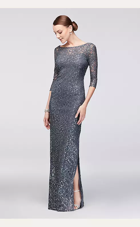 3/4-Sleeve Sequined Lace Column Dress with V-Back Image 1