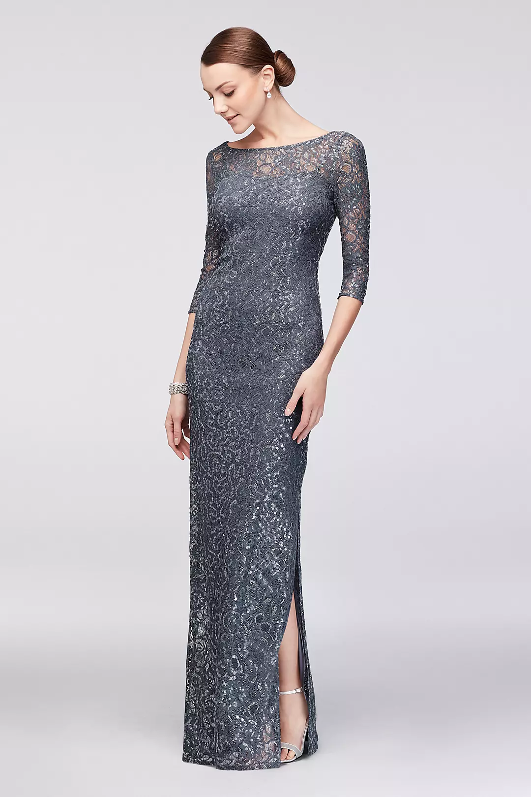 3/4-Sleeve Sequined Lace Column Dress with V-Back Image