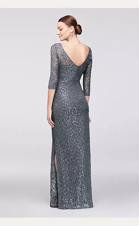 3/4-Sleeve Sequined Lace Column Dress with V-Back Image 2