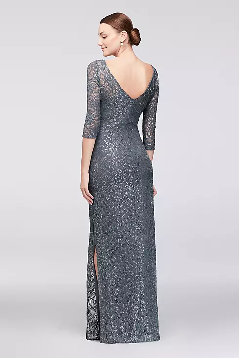 3/4-Sleeve Sequined Lace Column Dress with V-Back Image 2
