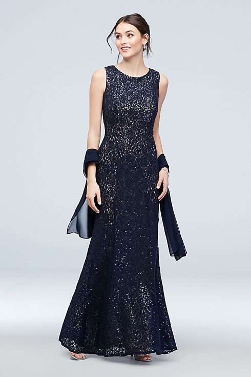 Sequin and Lace High Neck Mermaid Gown with Shawl Image 1