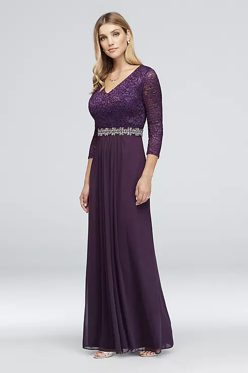 3/4-Sleeve Lace and Chiffon Gown with Beaded Waist Image 1