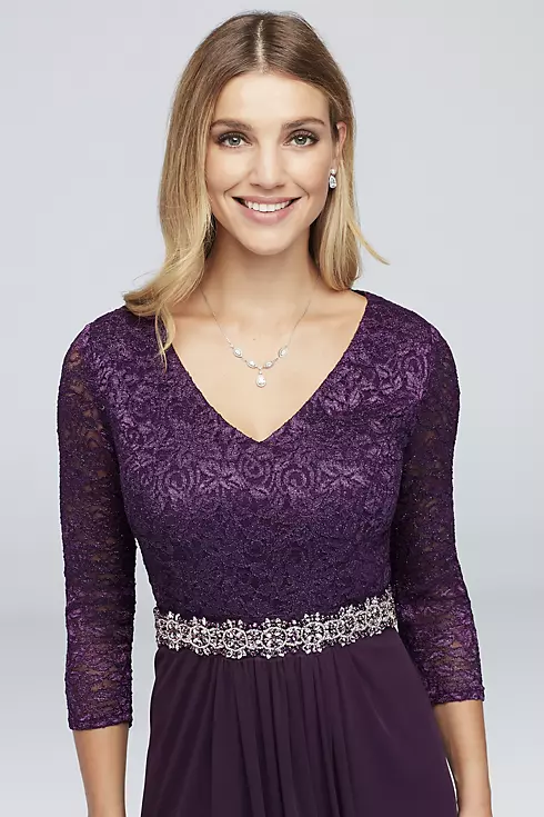 3/4-Sleeve Lace and Chiffon Gown with Beaded Waist Image 3