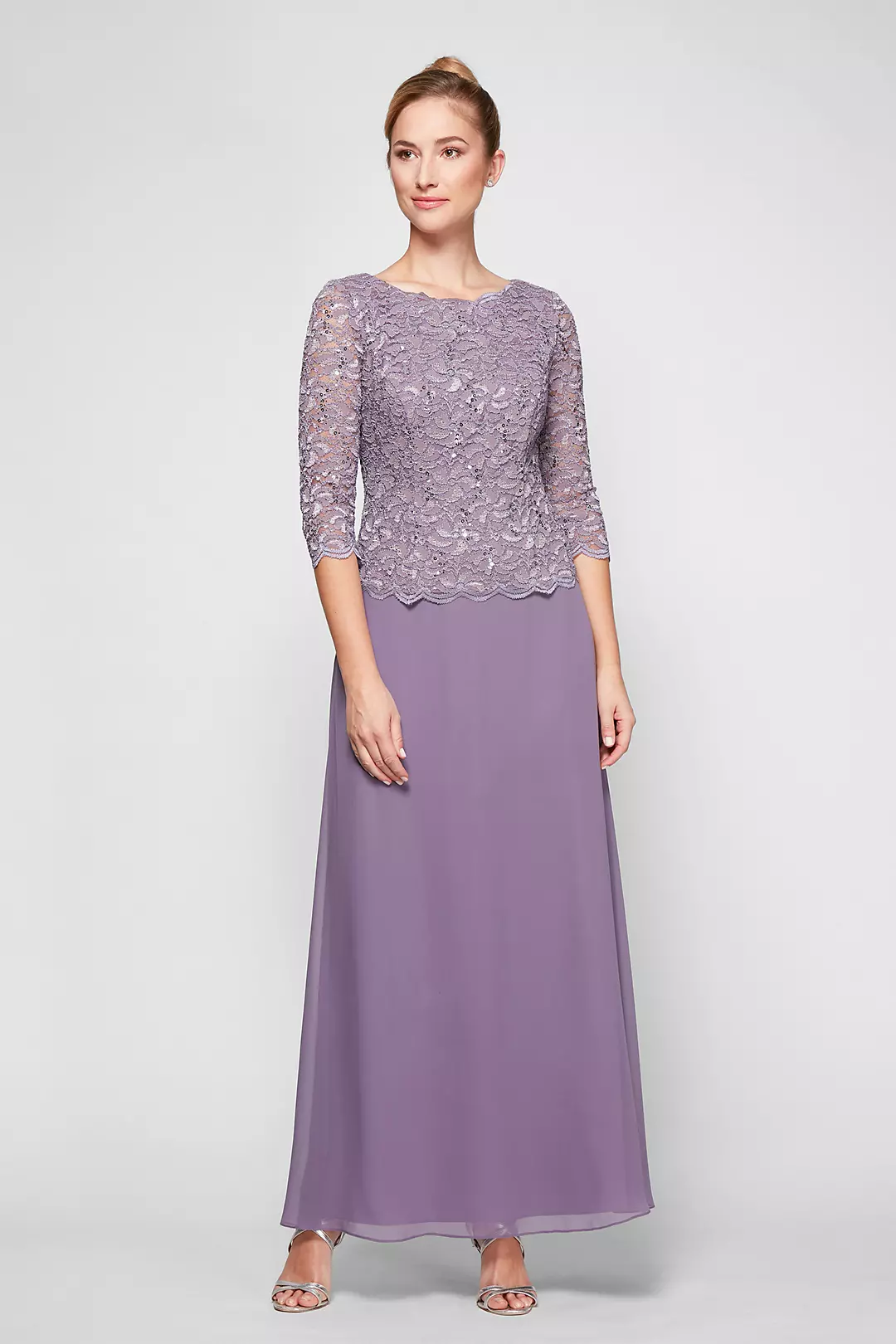 Lace and Chiffon A-Line Dress with Sheer Sleeves Image