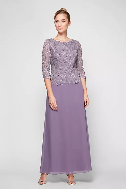 Lace and Chiffon A-Line Dress with Sheer Sleeves Image 1