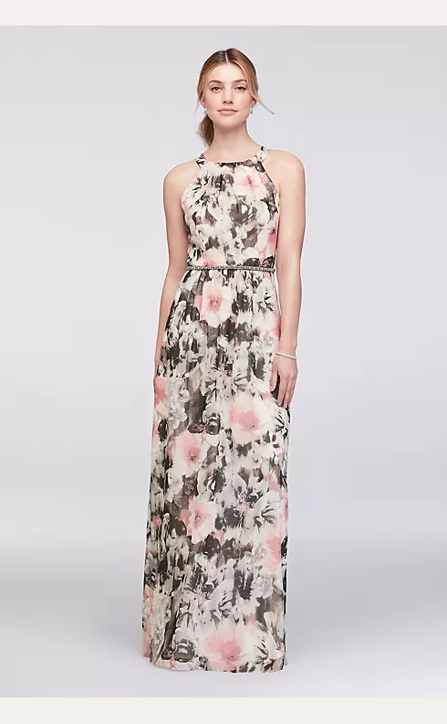 Floral Chiffon Halter Dress with Beaded Belt  Image 1
