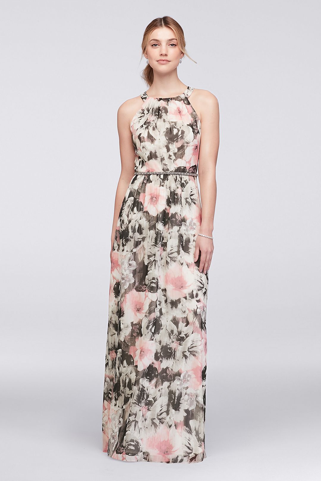 Floral Chiffon Halter Dress with Beaded Belt  Image 4