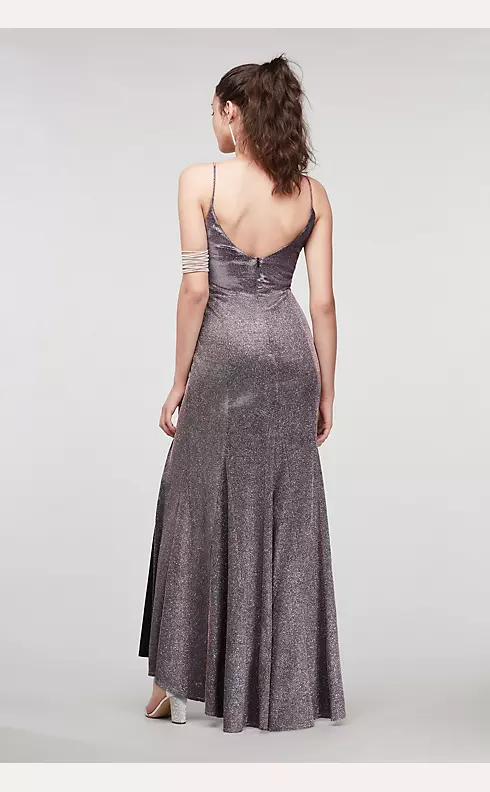 Scoop Back V-Neck Glitter Gown with Front Slit Image 2