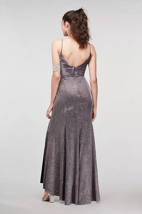 Scoop Back V-Neck Glitter Gown with Front Slit Image 2