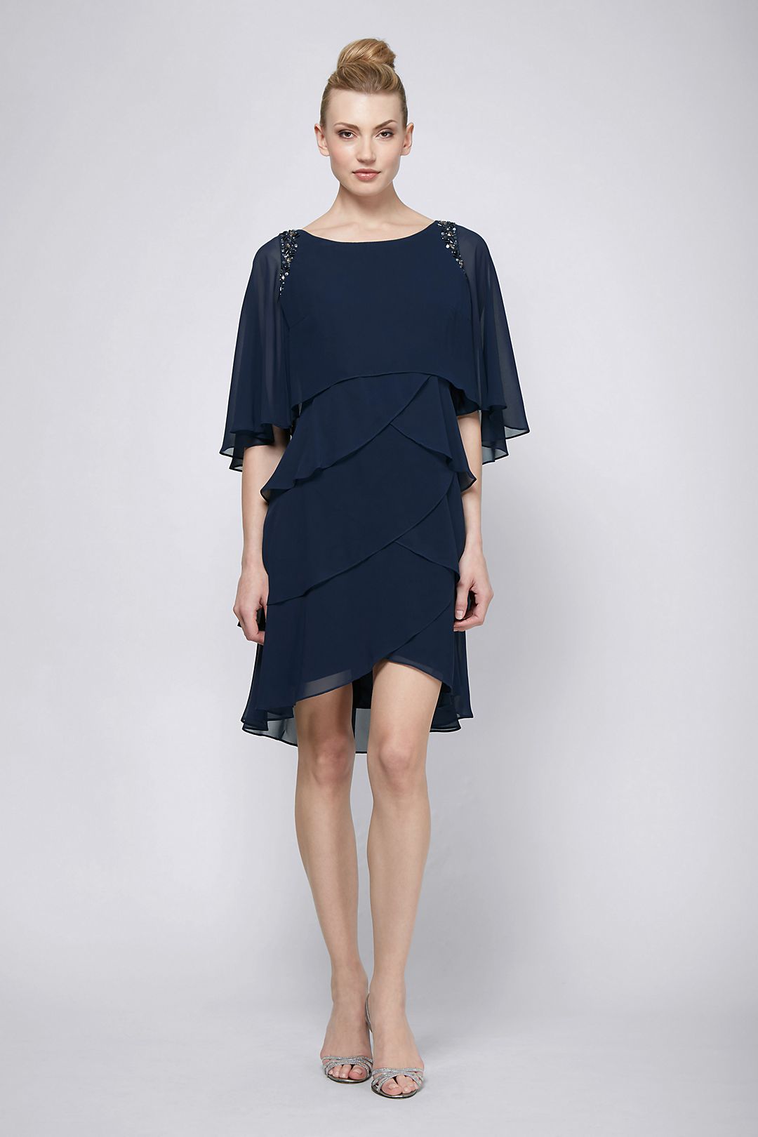 Tiered Chiffon Capelet Dress with Beaded Shoulders Image