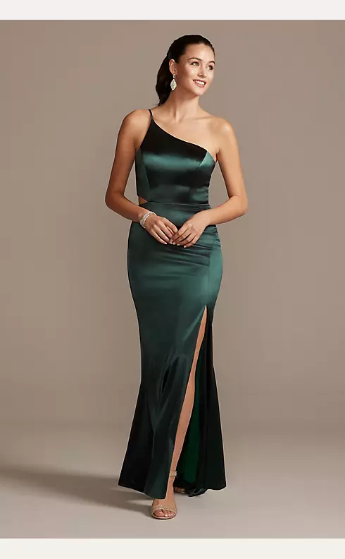 One-Shoulder Spaghetti Strap Cutout Satin Gown Image 1