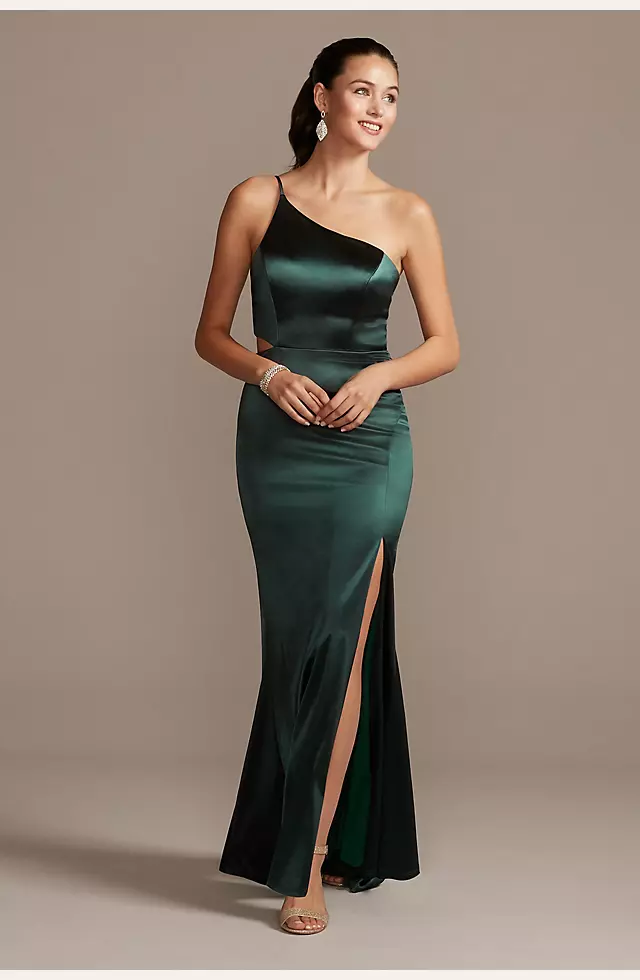 One-Shoulder Spaghetti Strap Cutout Satin Gown Image