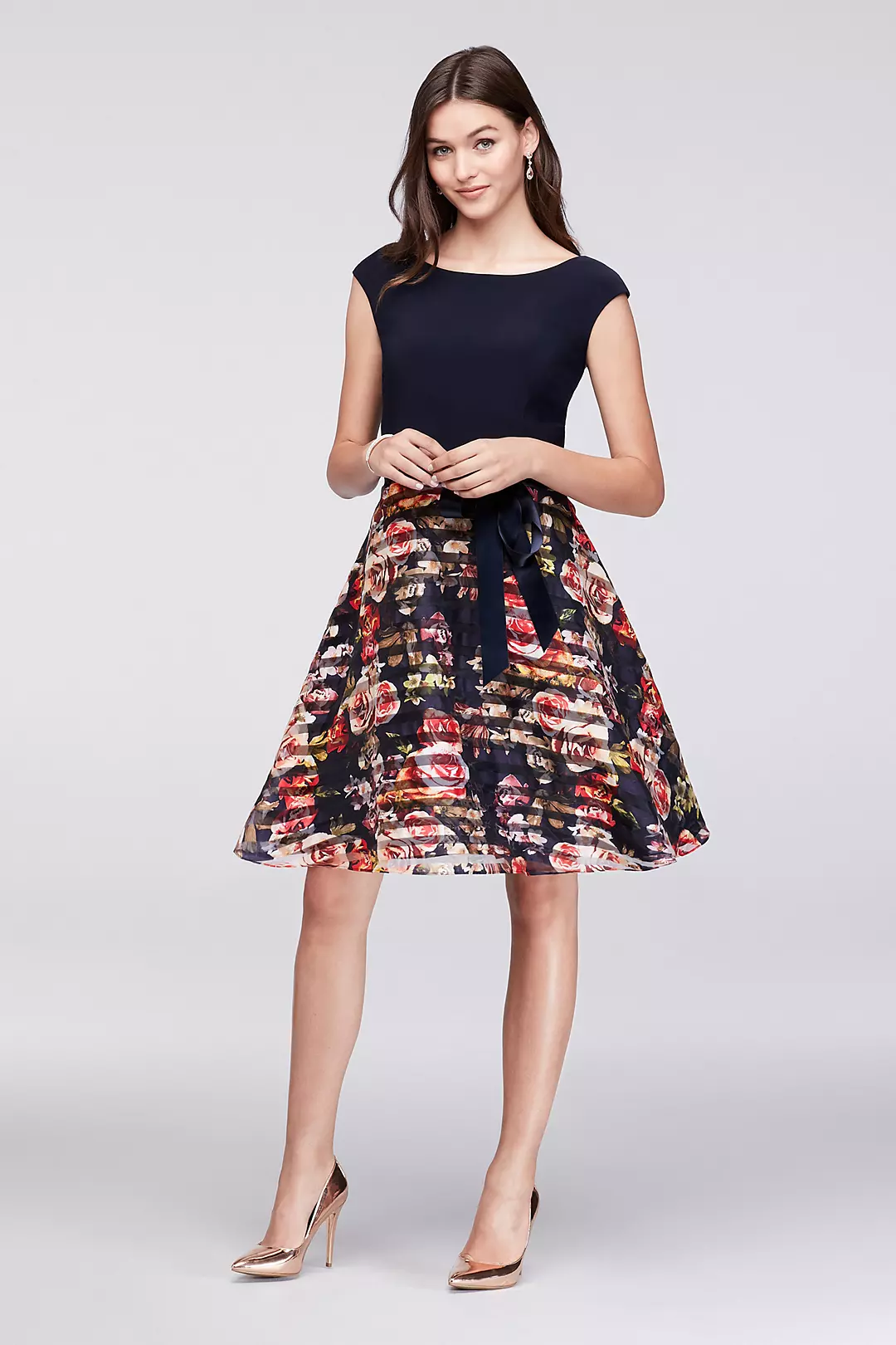 Jersey and Striped Floral Organza Party Dress Image
