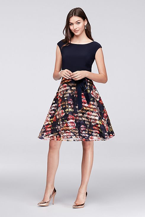 Jersey and Striped Floral Organza Party Dress Image 4