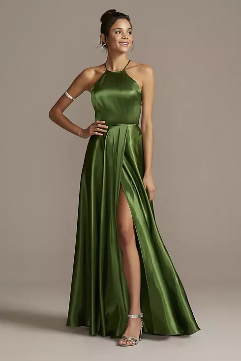 High Neck Satin Slit Gown with Pockets Image 1