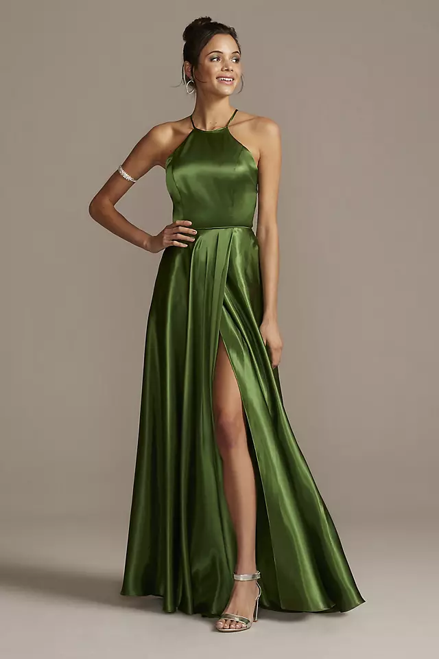 High Neck Satin Slit Gown with Pockets Image