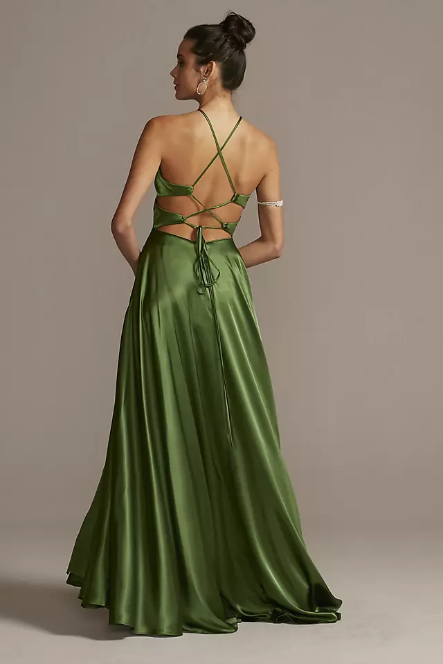 High Neck Satin Slit Gown with Pockets Image 2