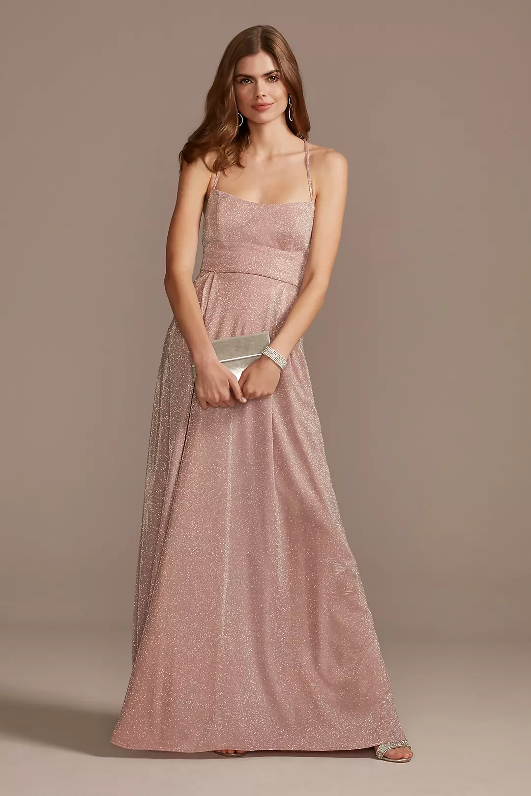 Metallic Knit Lace-Up Spaghetti Strap Dress | David's Bridal Metallic Knit Lace-Up Spaghetti Strap Dress | David's Bridal