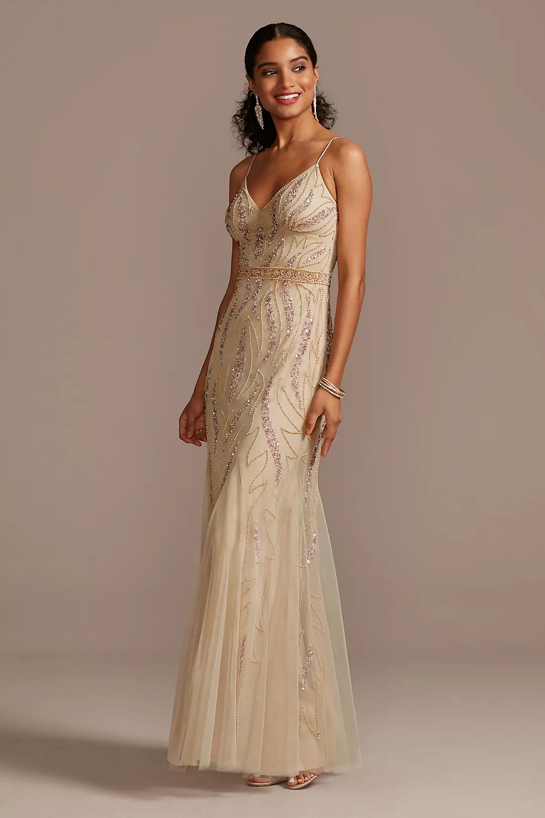 Beaded Overlay V-Neck Gown with Spaghetti Straps Image