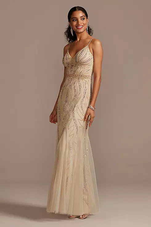 Beaded Overlay V-Neck Gown with Spaghetti Straps Image 1