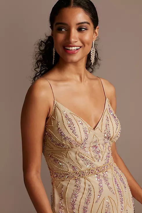 Beaded Overlay V-Neck Gown with Spaghetti Straps Image 3