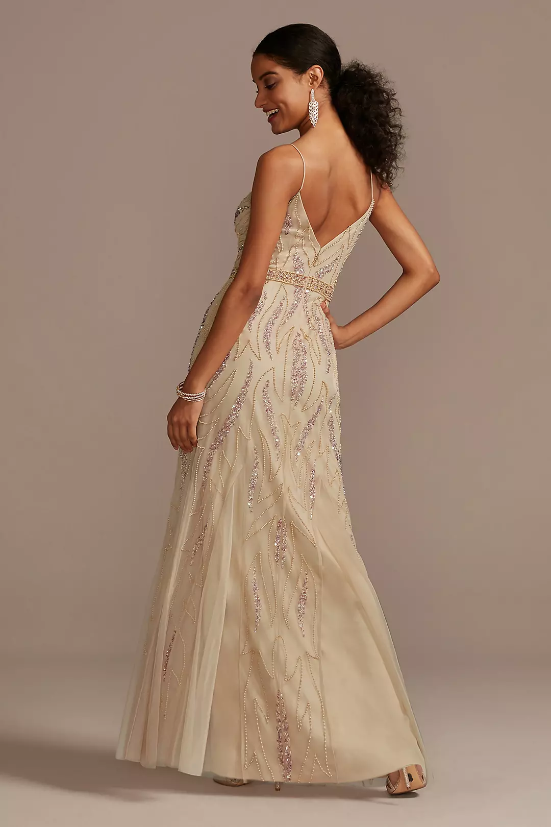 Beaded Overlay V-Neck Gown with Spaghetti Straps Image 2