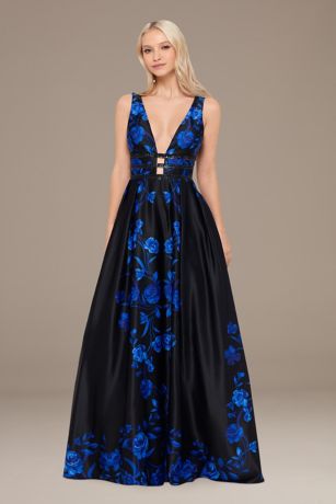 Floral Plunging-V Ball Gown with Embellished Bands