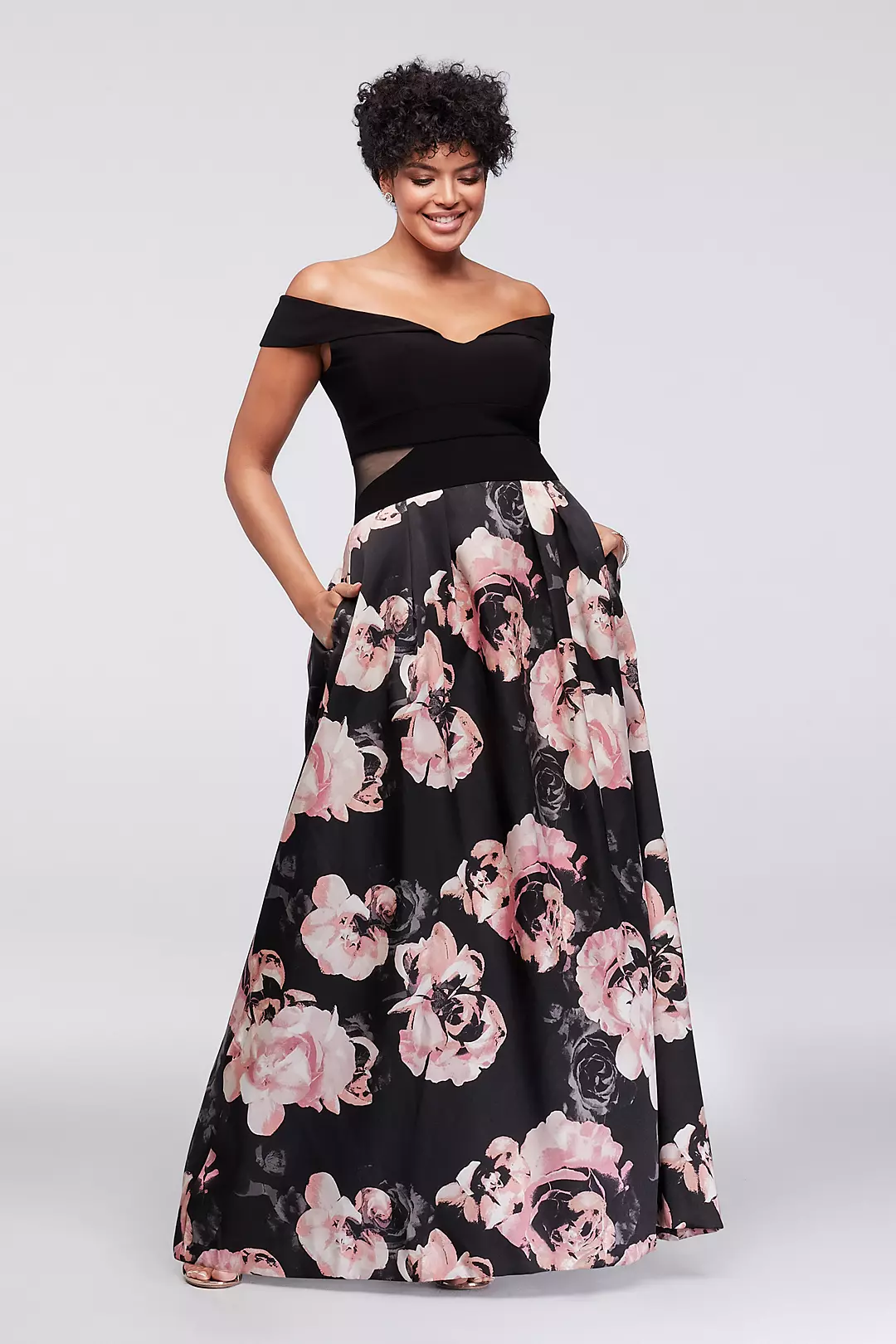 Off-the-Shoulder Floral Jersey and Satin Ball Gown Image