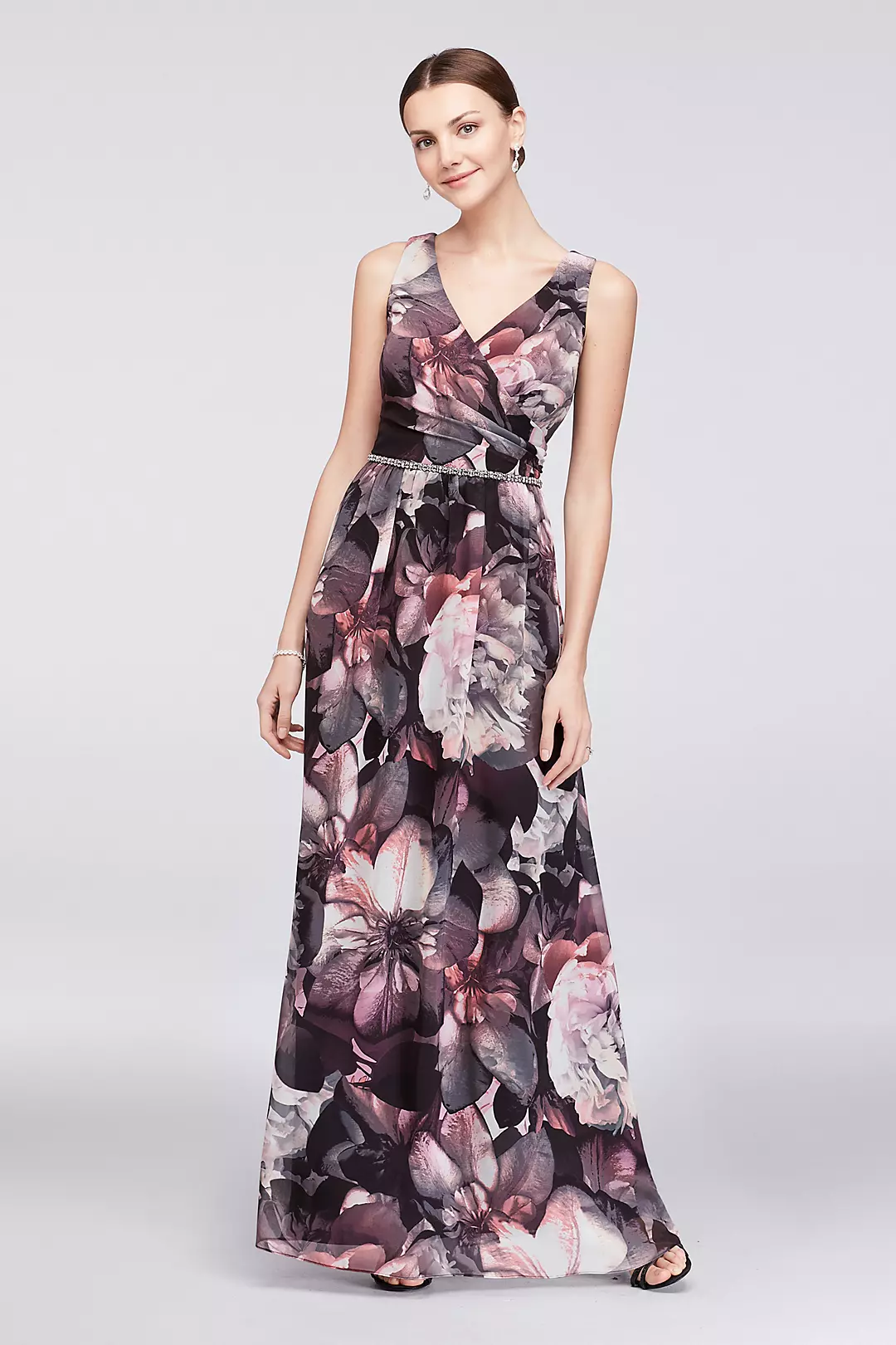 Floral Chiffon Surplice Gown with Beaded Waist Image